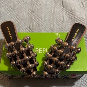 Shoe Republic LA Metallic Beaded Taupe Slide Sandals